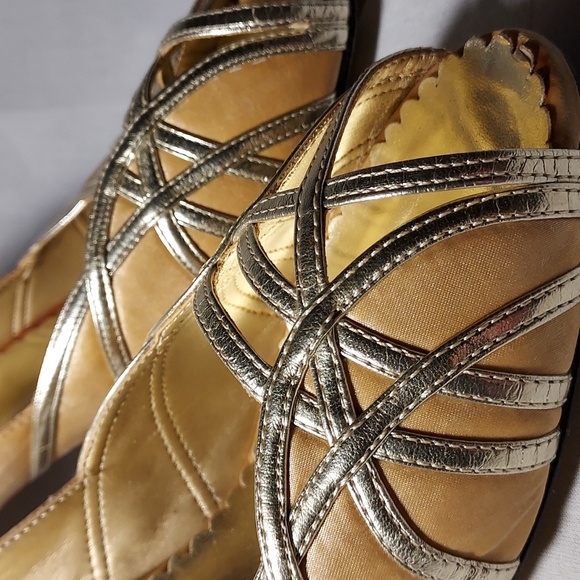 Gold Satin Upper Leather Sole Women's Shoes Open Toe Criss Cross Design - Picture 2 of 10